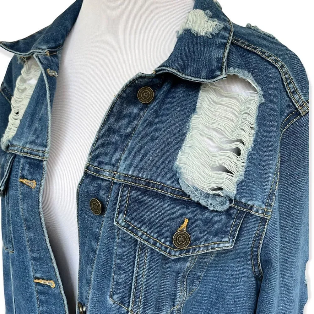 Boom Boom Jeans Medium Wash Destroyed Trucker Style Denim Jacket XL